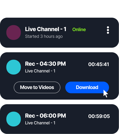 Automatic MP4 recordings generated from HLS live streams in Livepush after each live session ends.