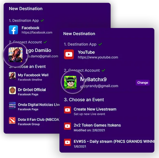 Seamless Integration with Facebook Pages, Twitch, Youtube Channels
