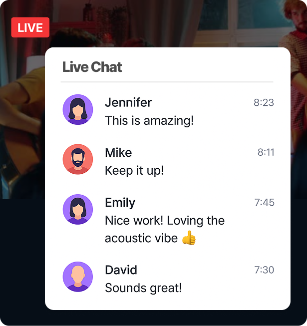 Live stream player with integrated chat window for viewers to comment