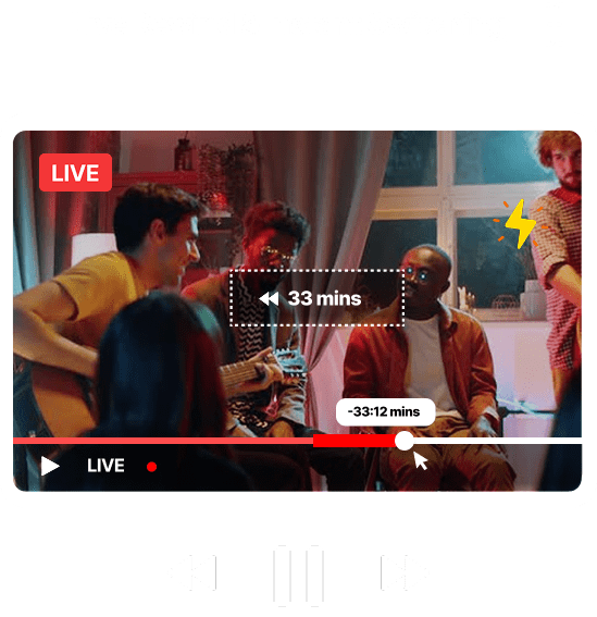 Live rewind with DVR playback controls in Livepush, allowing viewers to switch between live and past content instantly.