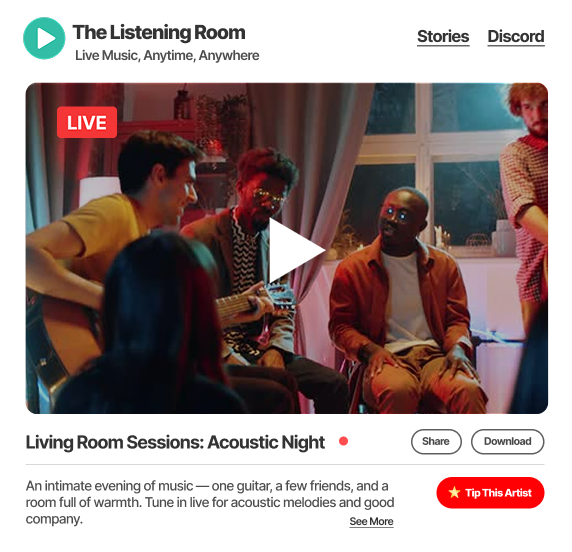 Website with an embedded live stream player showing playback controls