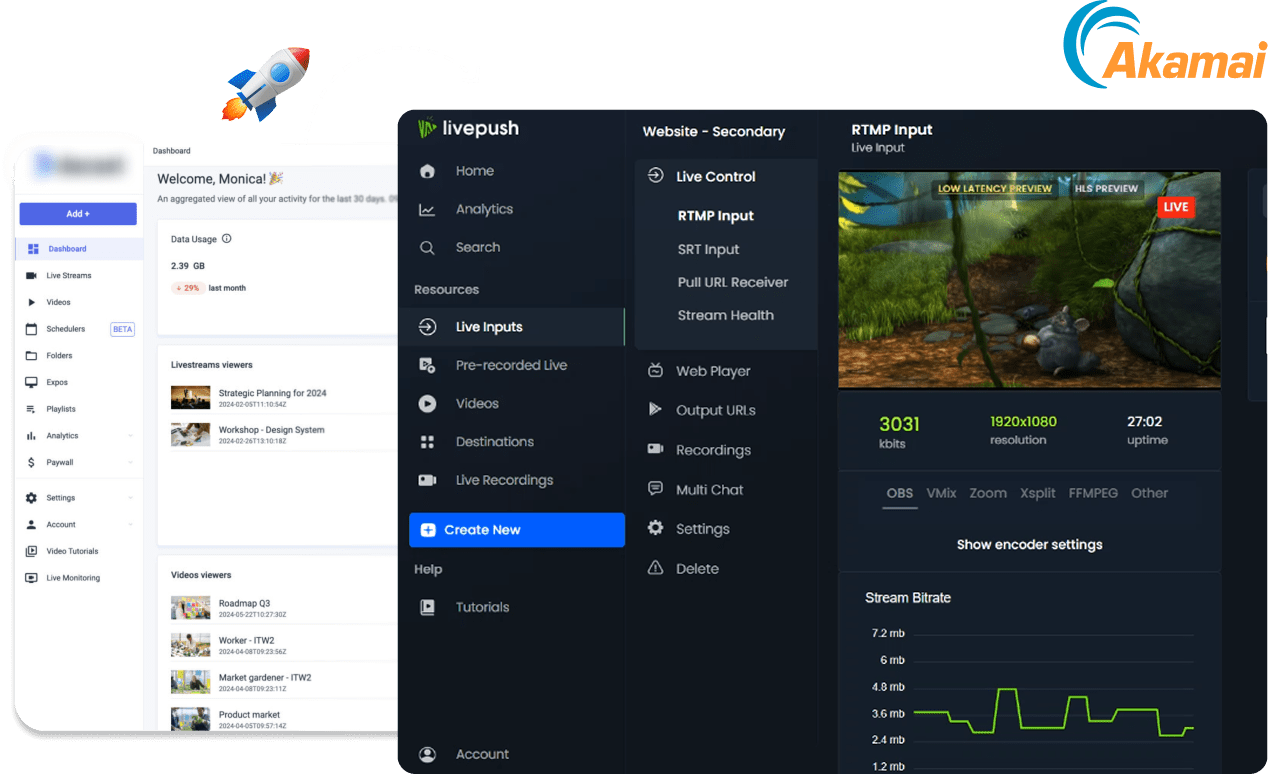 Dashboard view of Livepush live streaming platform showing encoder inputs, bitrate monitoring, and direct HLS preview — Dacast alternative interface.