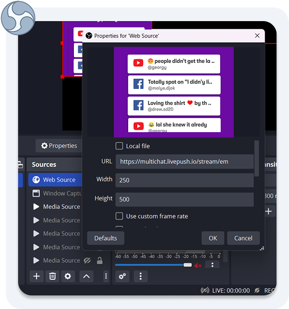 OBS software showing live multichat overlay with Facebook, YouTube, and Twitch messages