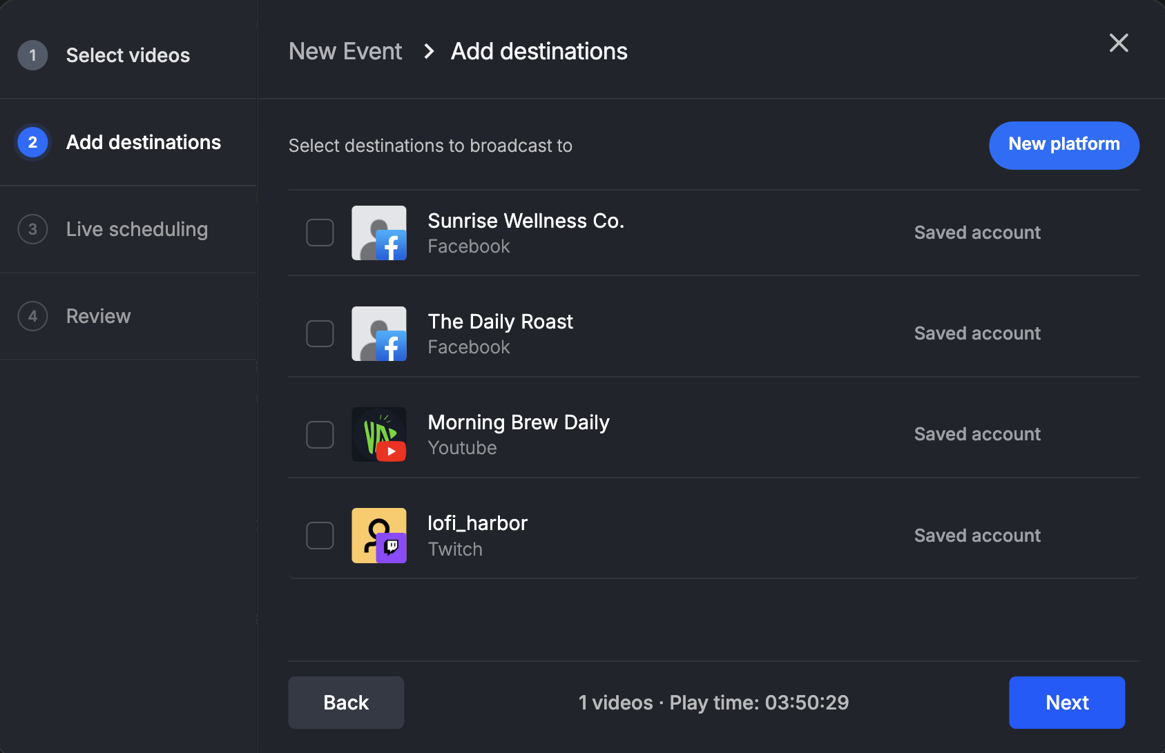 Livepush add destinations screen with saved Facebook, YouTube, and Twitch accounts