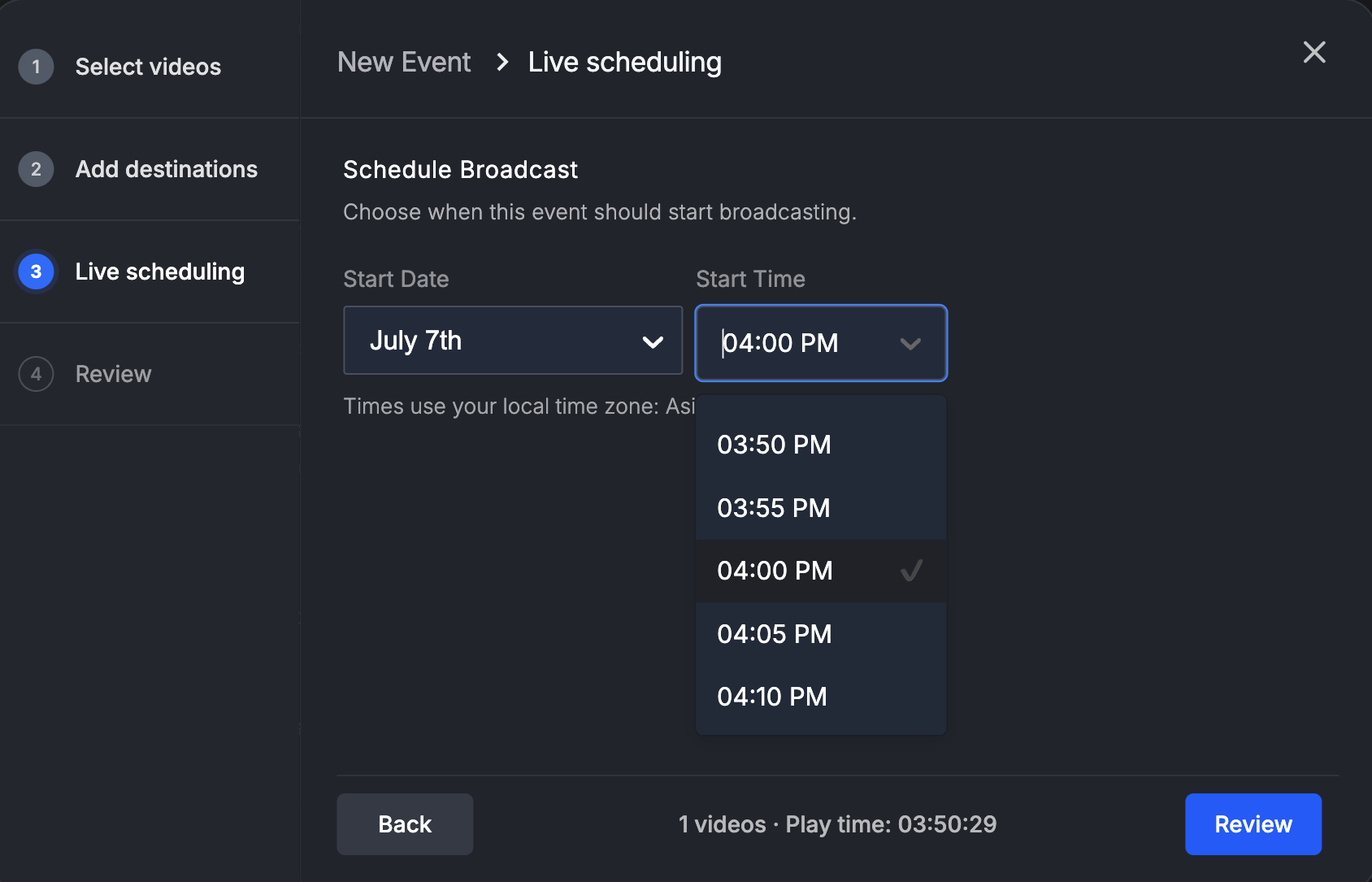 Livepush live scheduling screen with date, time, and time zone controls