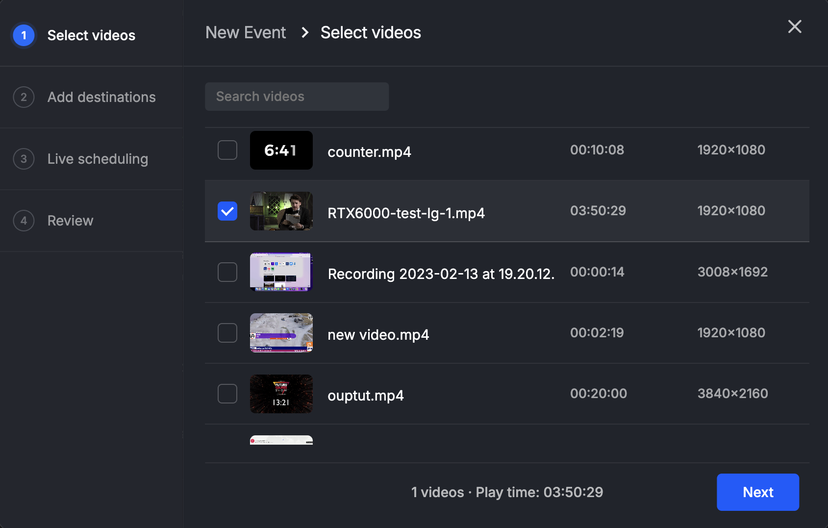 Livepush select videos screen with playlist video selection controls