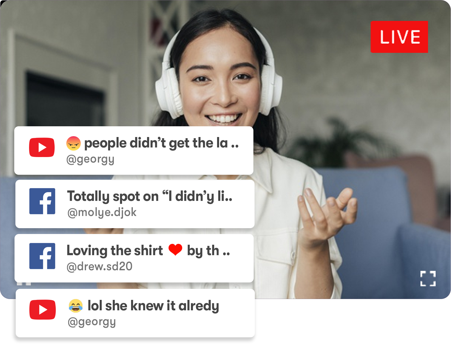 Merged live chat feed from Facebook, YouTube, and Twitch in one window
