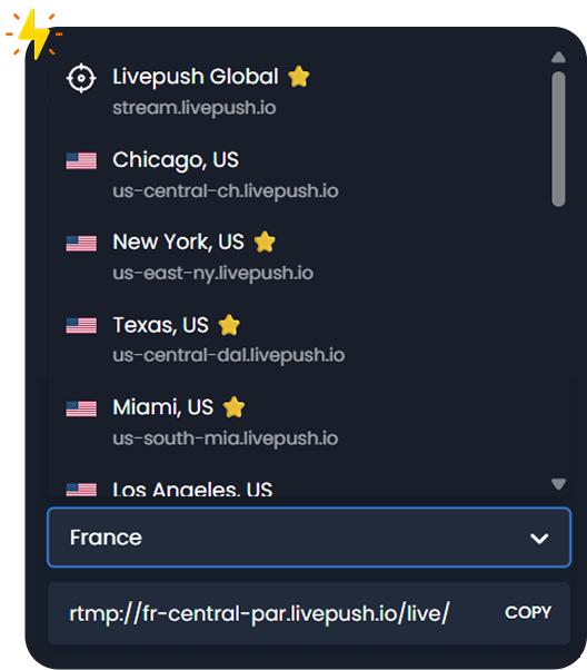 Global ingest server locations with US, EU, and Asia coverage for low latency