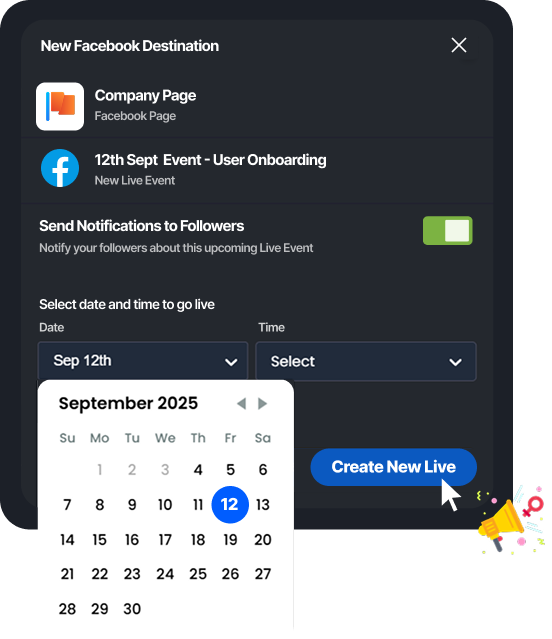 Calendar view scheduling a multistream event to Facebook and YouTube