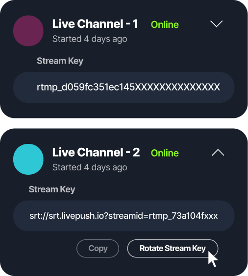 Dashboard showing secure stream key generation and rotation options